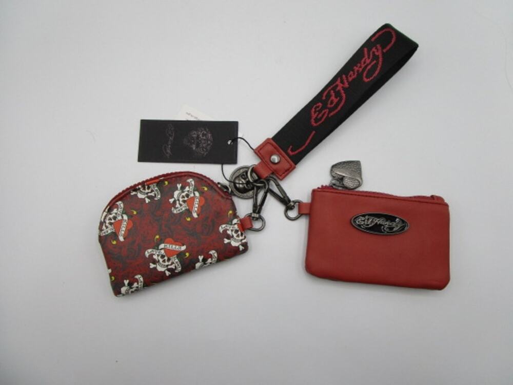 Ed Hardy Love Kills Slowly Key‎ Ring Zip Close Coin Purse Pouch Card Holder Red